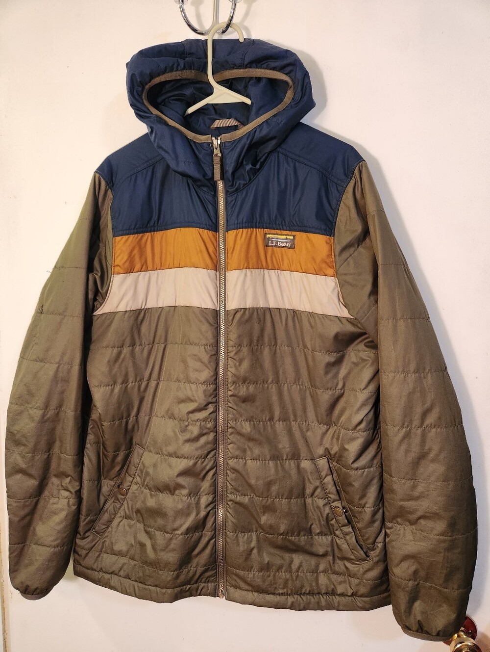 L.L. Bean Men's Quilted Hooded Jacket - Olive with Navy & Mustard Accents